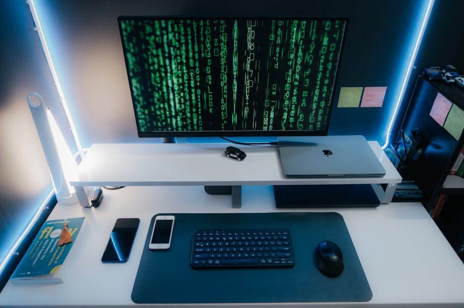 High-angle view of a modern tech workspace featuring a coding screen, laptop, and keyboard setup.